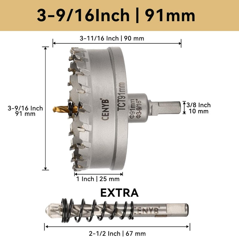 cenyb 3-9/16" (91mm) Tungsten Carbide Tipped Hole Saw with 2Pcs Titanium-Plated Pilot Drill Bits for Hard Metal,Stainless Steel,Iron,Aluminum Alloy,Wood and Plastic - Image 2